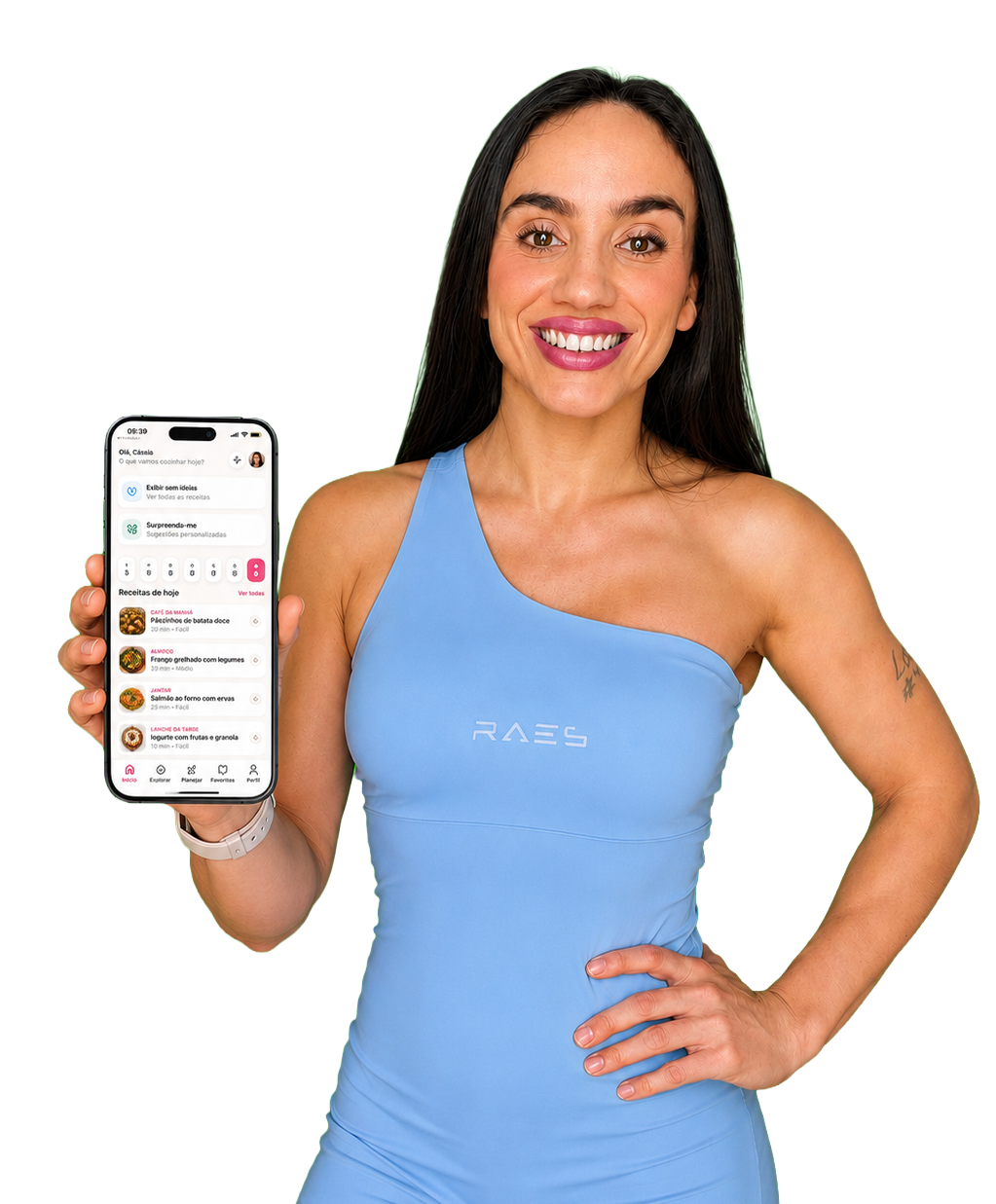 Celular mostrando o app Cardápio Inteligente com o plano alimentar do dia