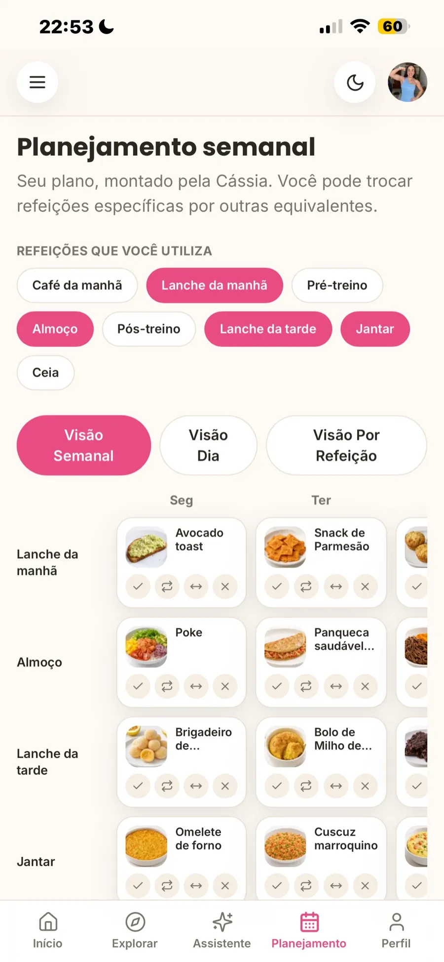 Planejamento semanal no app Cardápio Inteligente
